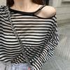 Ice Silk Striped Long Sleeve T-shirt Sunscreen Clothing Women's Summer Mid-length Loose Thin Breathable Top Blouse