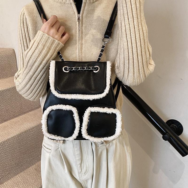 College Style Plush Soft Leather Backpack Women'S Fluffy Hand Bag Trendy High-End Retro Shoulder Backpack