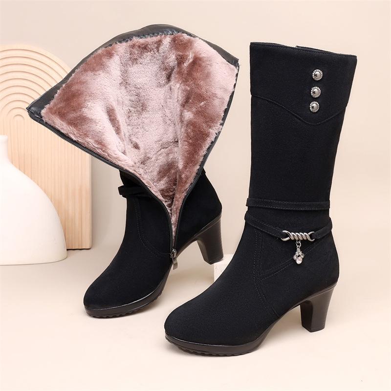 Women's Winter High-Heel Over-the-Knee Boots with Velvet Lining and Chunky Heel