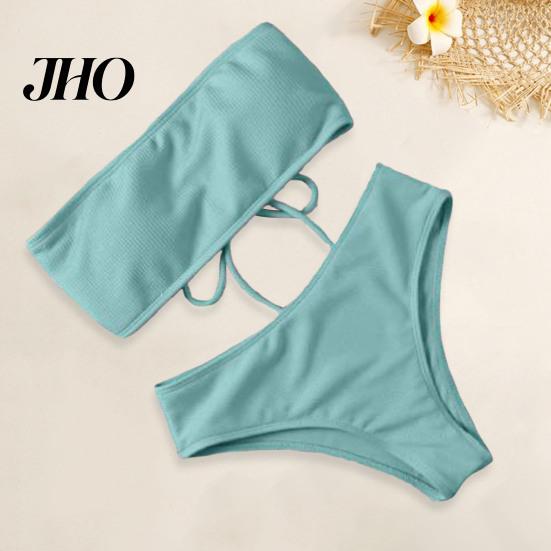 Bikini Set 1 Women Beach Suit with Chest Pad No Underwire Solid Color Elastic Female Bandeau High Waist Bathing Two-piece Swimming Trunks Split