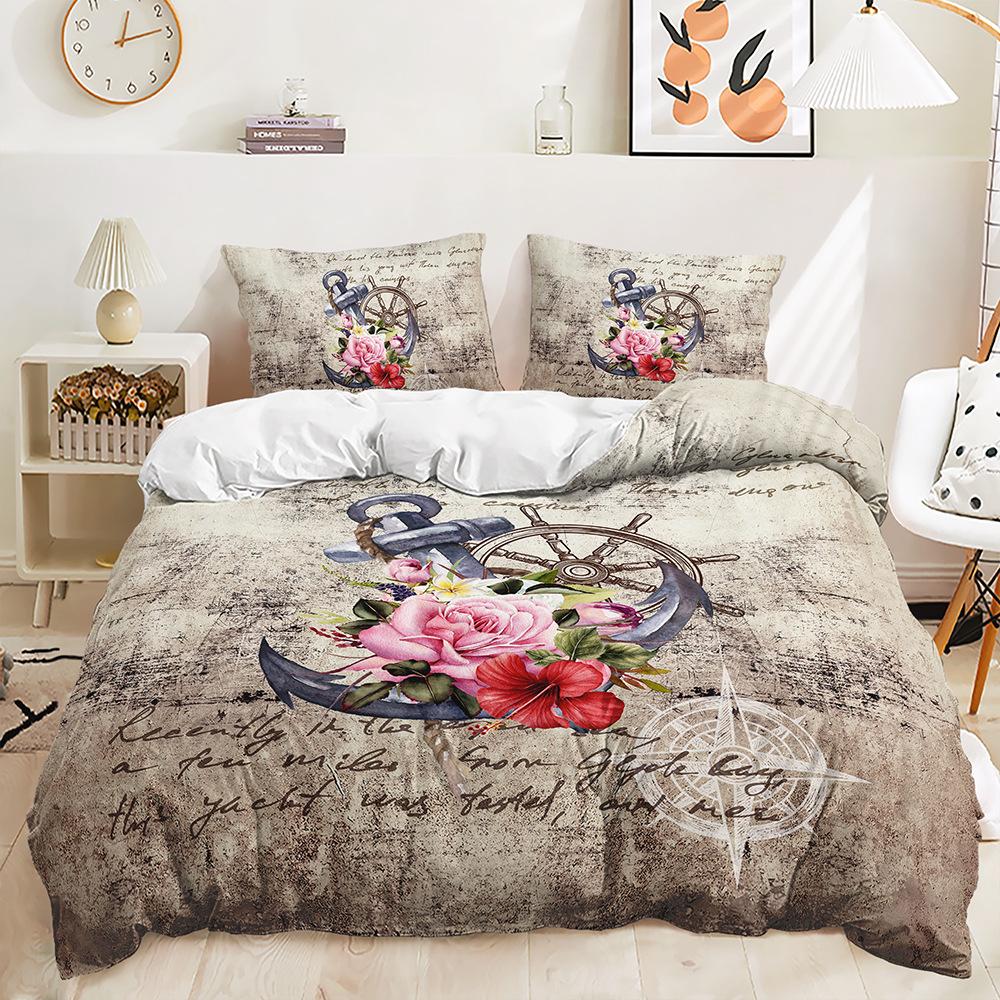 Three-Piece Set Nautical Anchor Quilt Cover Pillowcase Digital Printing Bedding Universal In All Seasons