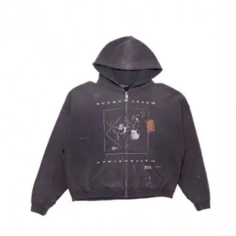 Mens Oversized Distressed Washed Hoodie With Zipper Front Vintage Streetwear Sweatshirt