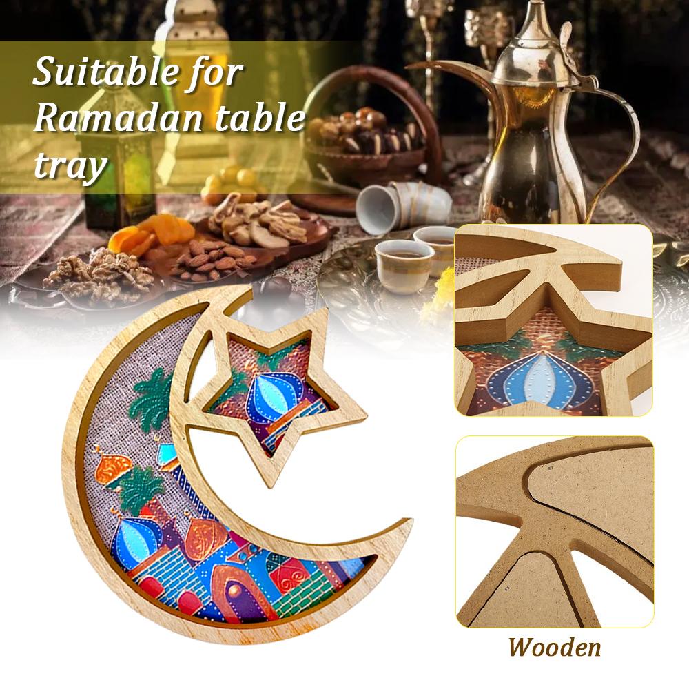Eid Mubarak Moon Star Candy Dessert Tray Wooden Tray Cake Food Holder Plate Islamic Muslim Ramadan Kareem Home Party Decorations