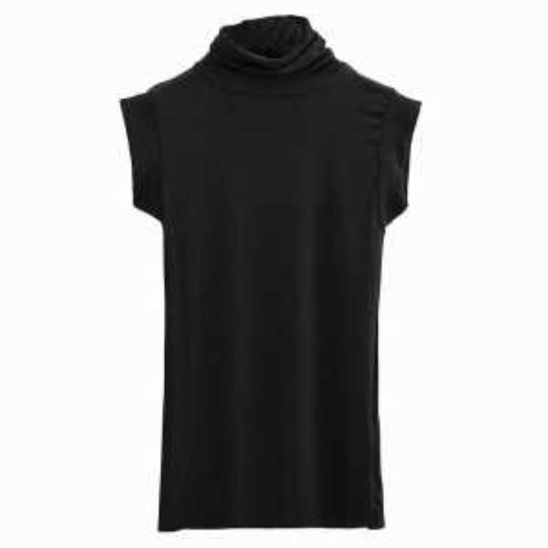 Women's Elegant Light Blue Ribbed Sleeveless Turtleneck Blouse
