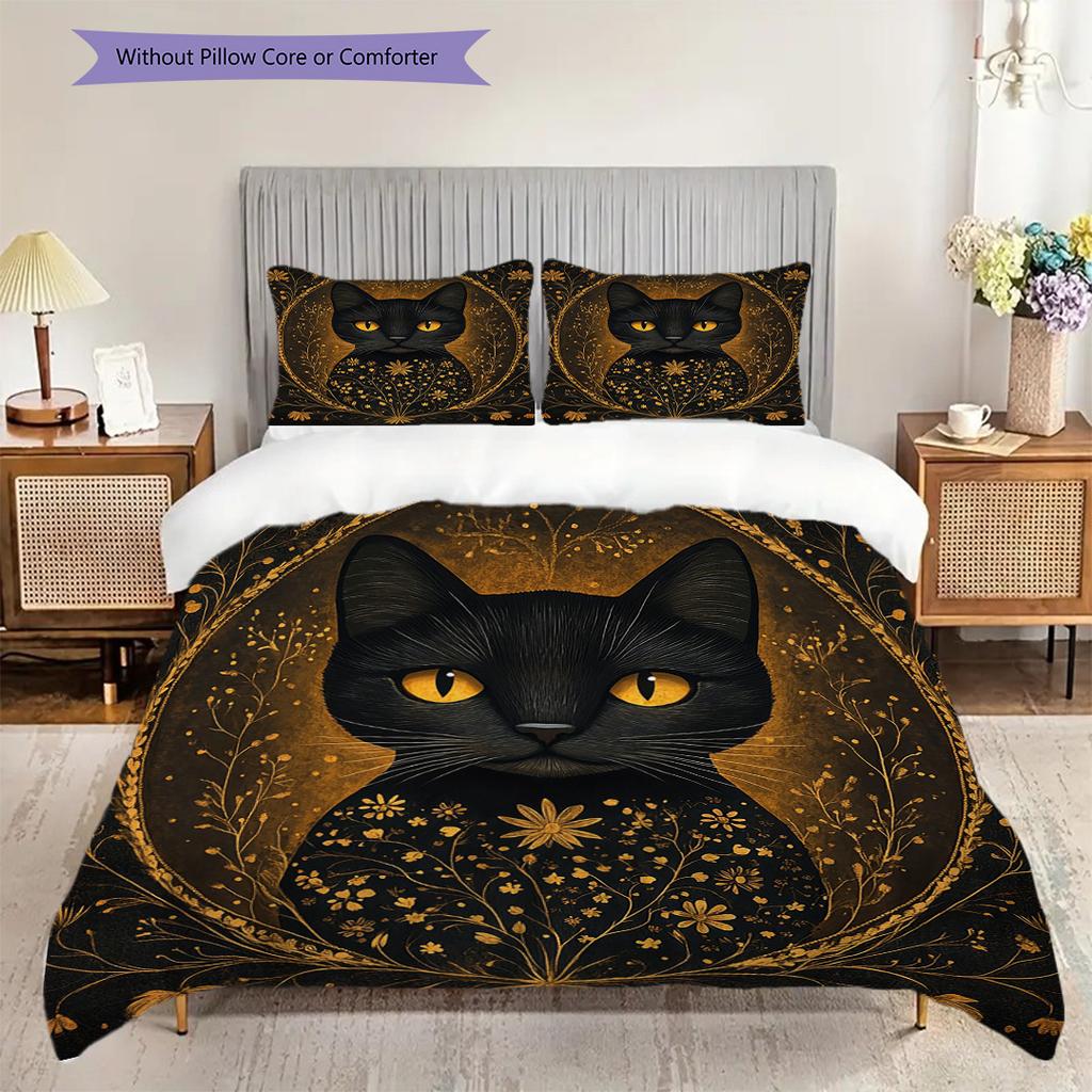 Black Cat Pattern Bedding Quilt Set Quilt Cover Pillowcase Home Decoration Birthday Gift (1 * Duvet Cover + 2 * Pillowcase, Without Core)