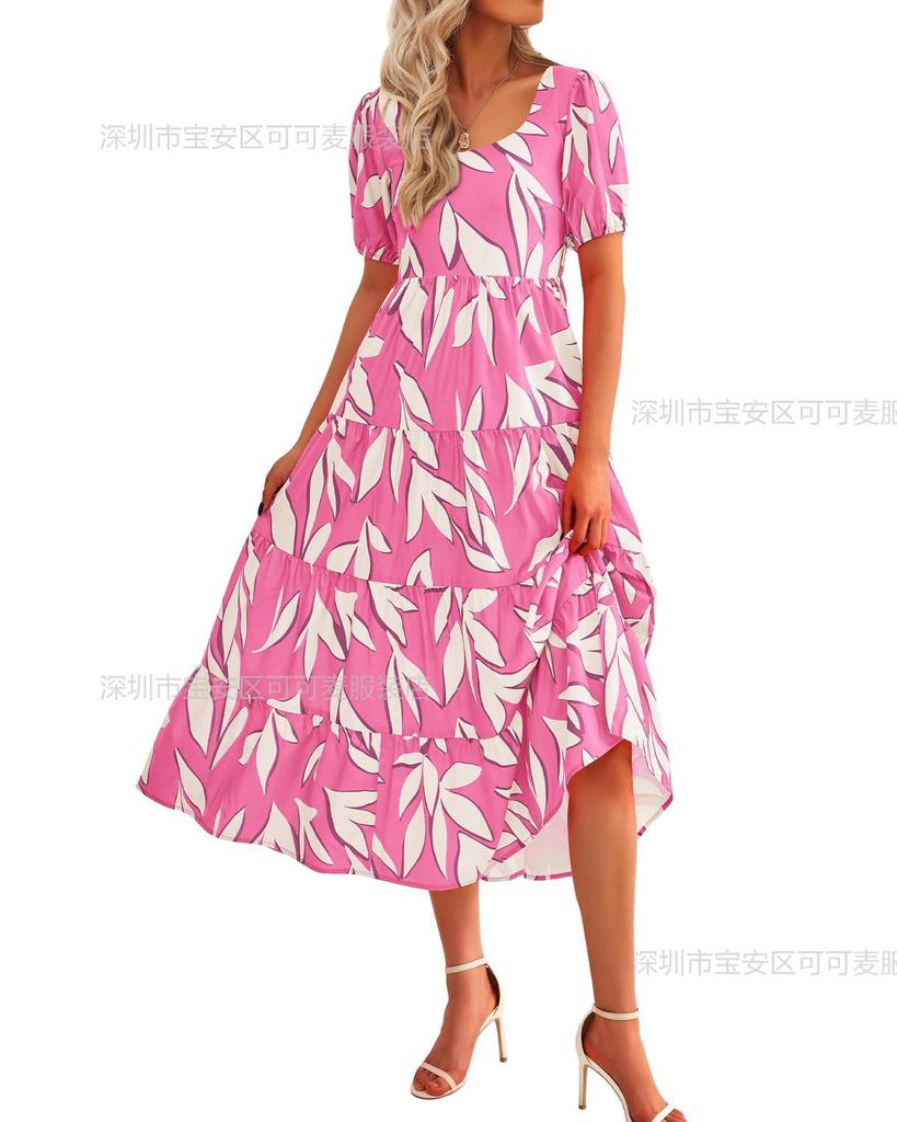 2 New bubble sleeve pleated backless printed high waist short sleeve dress women