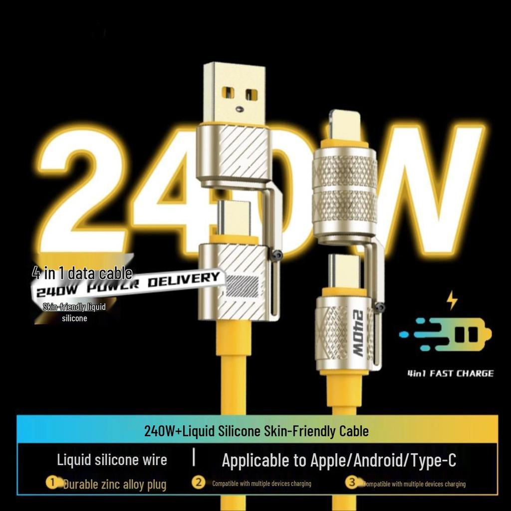 240W Zinc Alloy 4-in-1 Super Fast Charging Cable for Android, Apple, Huawei, and Type-C