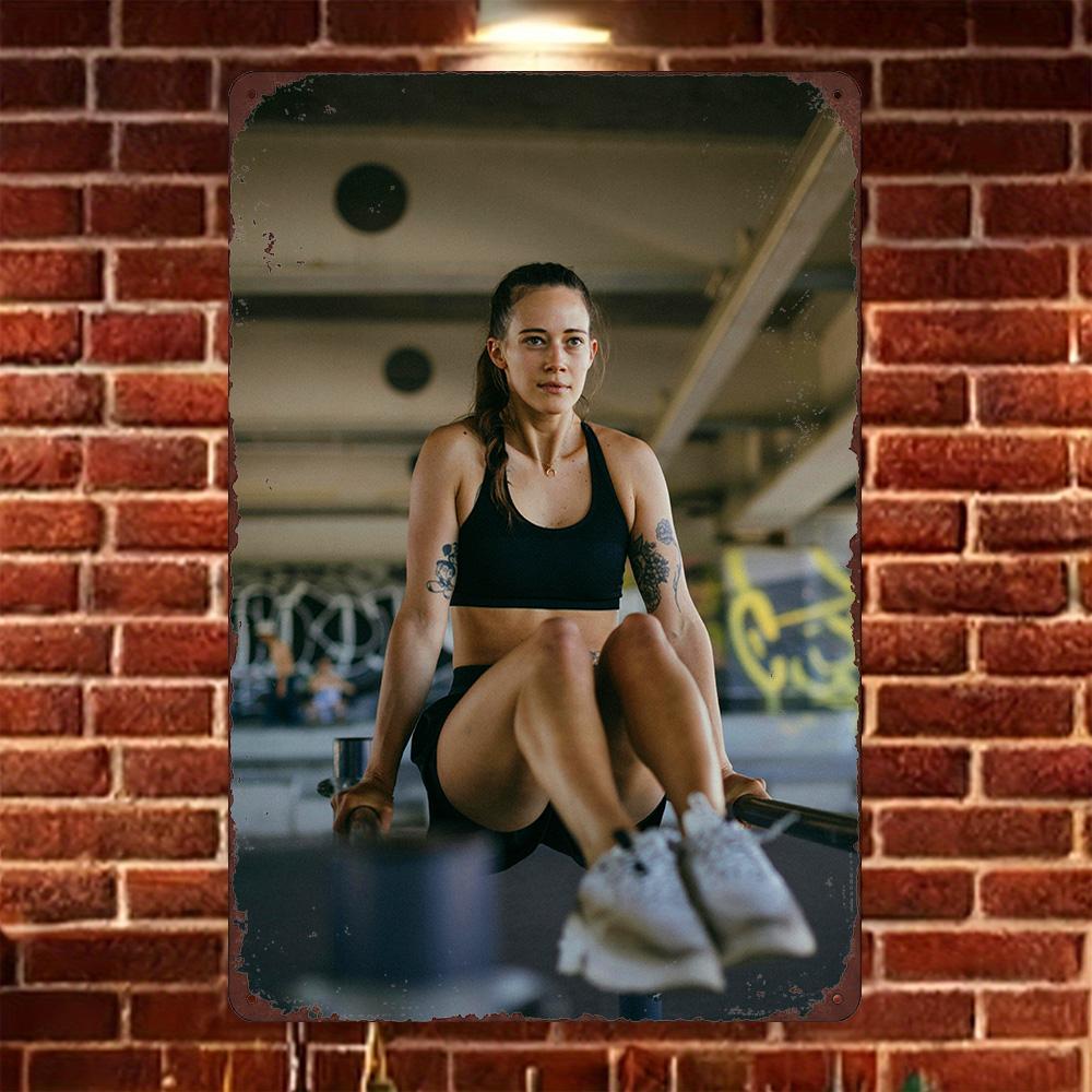 HD Metal Tin Sign Tattooed Fitness Woman Doing LSit on Parallel Bars in Gym Wall Decor for Home Gym