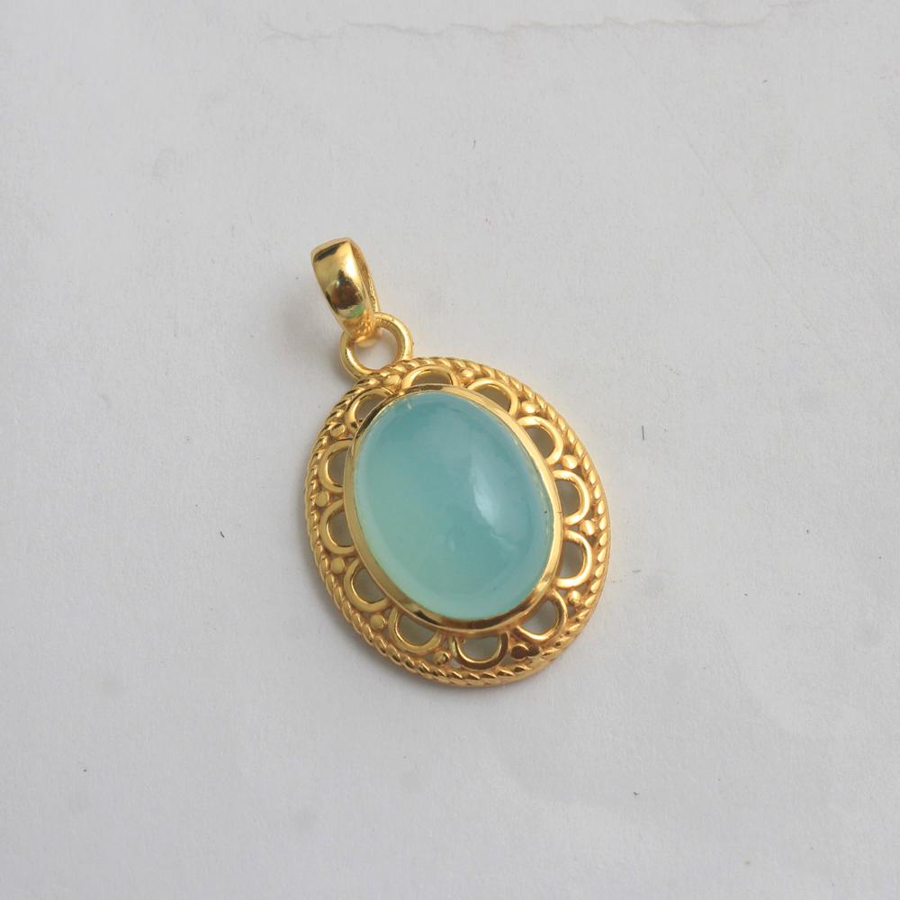 Aqua Chalcedon Gelb vergoldeter Anhänger 925 Sterling Silber Handgefertigter Damenschmuck