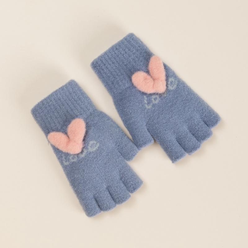 Xuehuaxiu women s winter half-finger gloves, knitted jacquard autumn thermal gloves, half-finger rabbit gloves to play with mobile phones love rabbit half finger