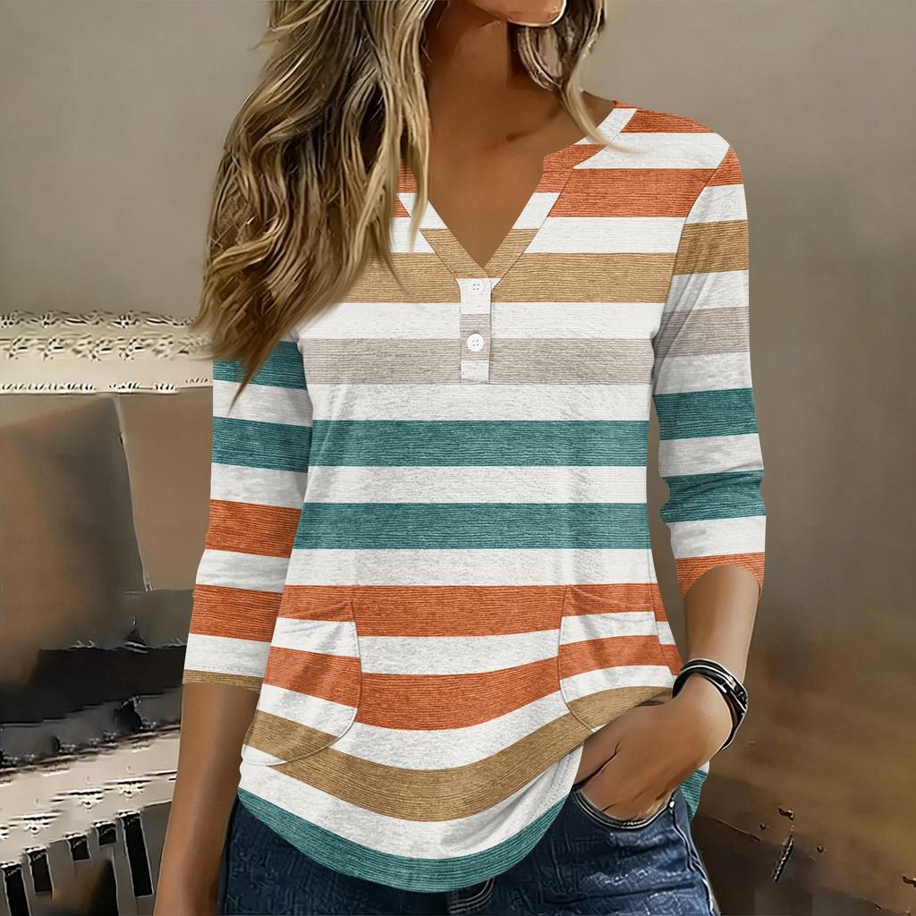 Womens 3/4 Sleeve V Neck Henley Pullover Top Geometric Print Casual Loose Fit Tunic Shirt