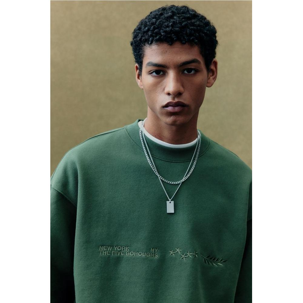 H M Loose Fit Print sweatsHirt Dark Green New York