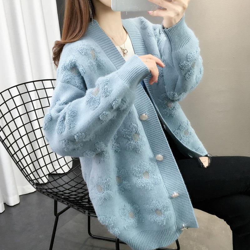 2025 Women's Loose Color Block Knitted Cardigan with Embroidered Crochet Accents