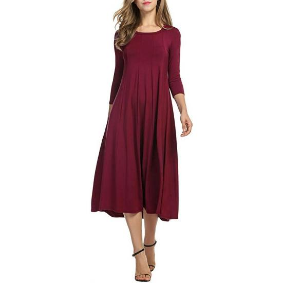 

Женское плиссированное платье А-силуэта миди с рукавами 3/4 и круглым вырезом, свободное платье для летнего пляжного отдыха, струящийся сарафан S вино красного