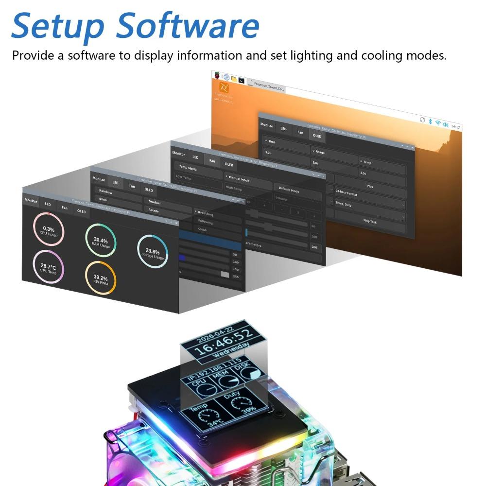 Refroidisseur Actif Freenove pour Raspberry Pi 5 Dissipateur Thermique, 1 / 2 Ventilateurs PWM Synchronisation Lumière ARGB, Écran OLED, Modes de Refroidissement et d'Éclairage Multiples