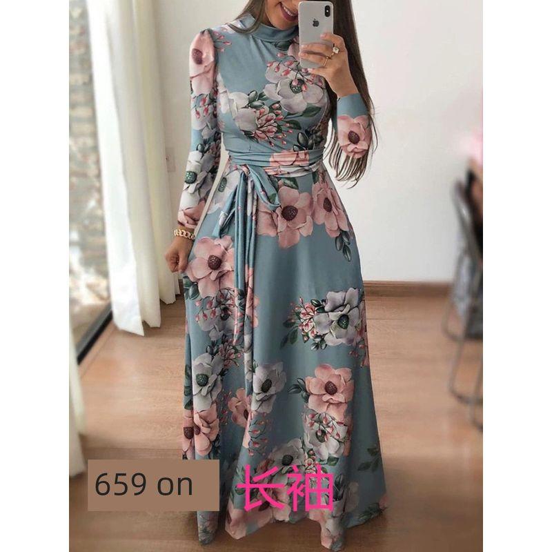 

Amazon Fall and Winter Season Fashion Wind Fashion Temperament Leisure Printed Lace up Maxi Dress Women s Clothing Long Sleeves Green S