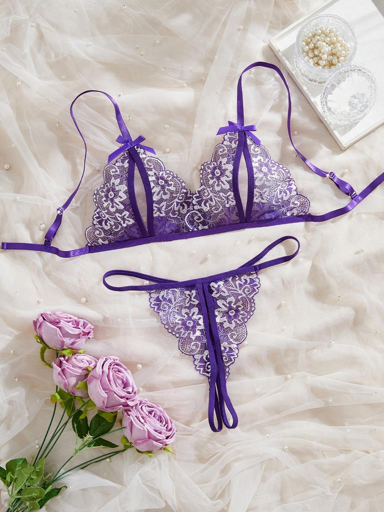 Women Floral Sexy Lingerie Set, Open Chest Bra And Crotchless Thong Sets, See Through Erotic Clothing, Valentine's Day Gift