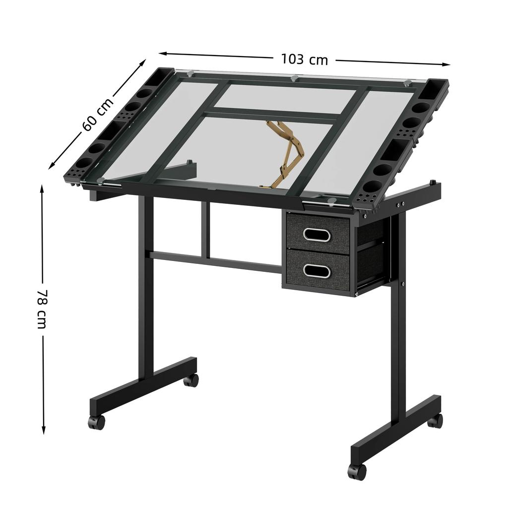 Scrivania da Disegno Artistico Regolabile Stazione per Hobby e Disegno Tecnico con 2 Cassetti in Tessuto e 4 Ruote (nero)