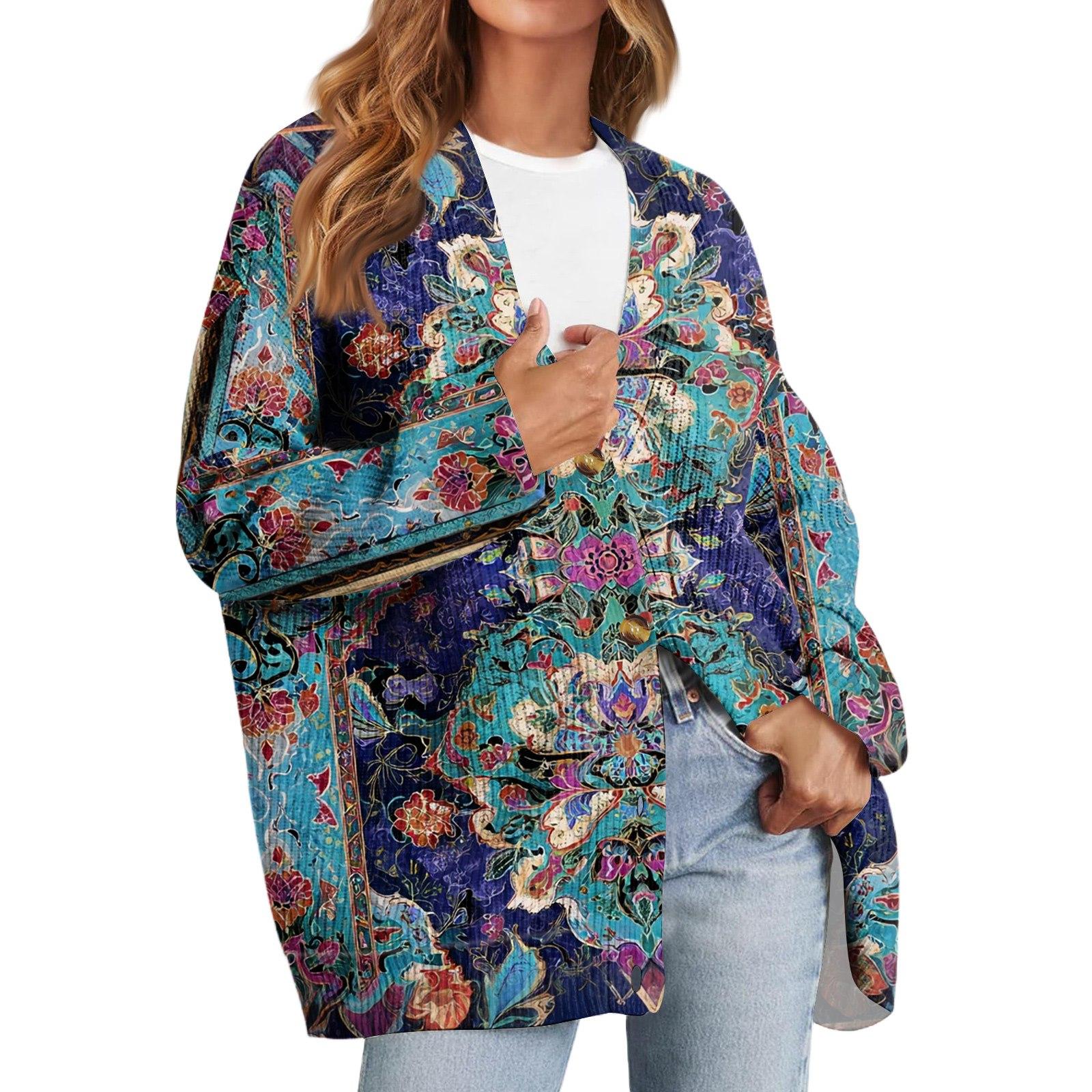 

Women s Fashion Long Sleeve Print V-Neck Button Loose Cardigan Top M
