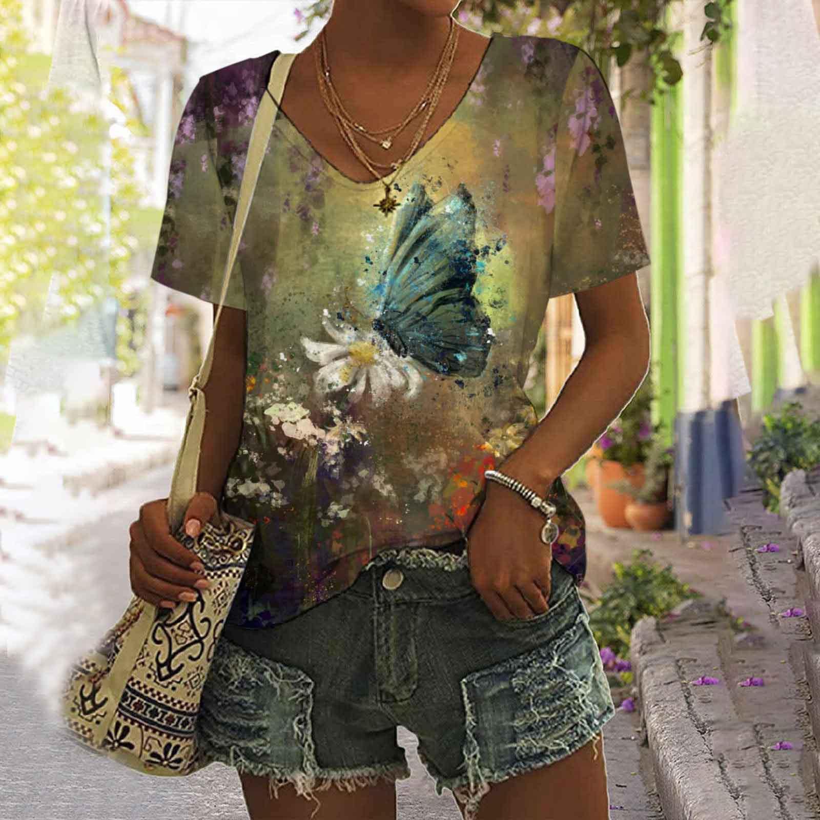 Женская футболка с V-образным вырезом и цифровым принтом в виде бабочки в стиле ретро — фото 12