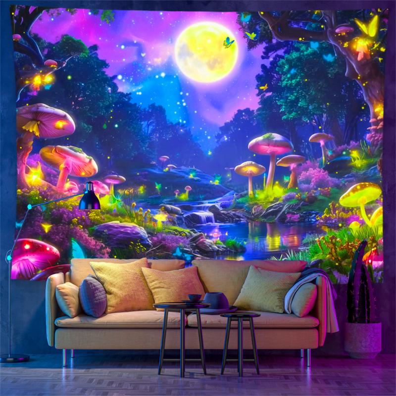 Blacklight Mushroom Forest Tapestry UV Reactive Wall Hanging Moon Print for Mysterious Bedroom Home Decor 100X70CM