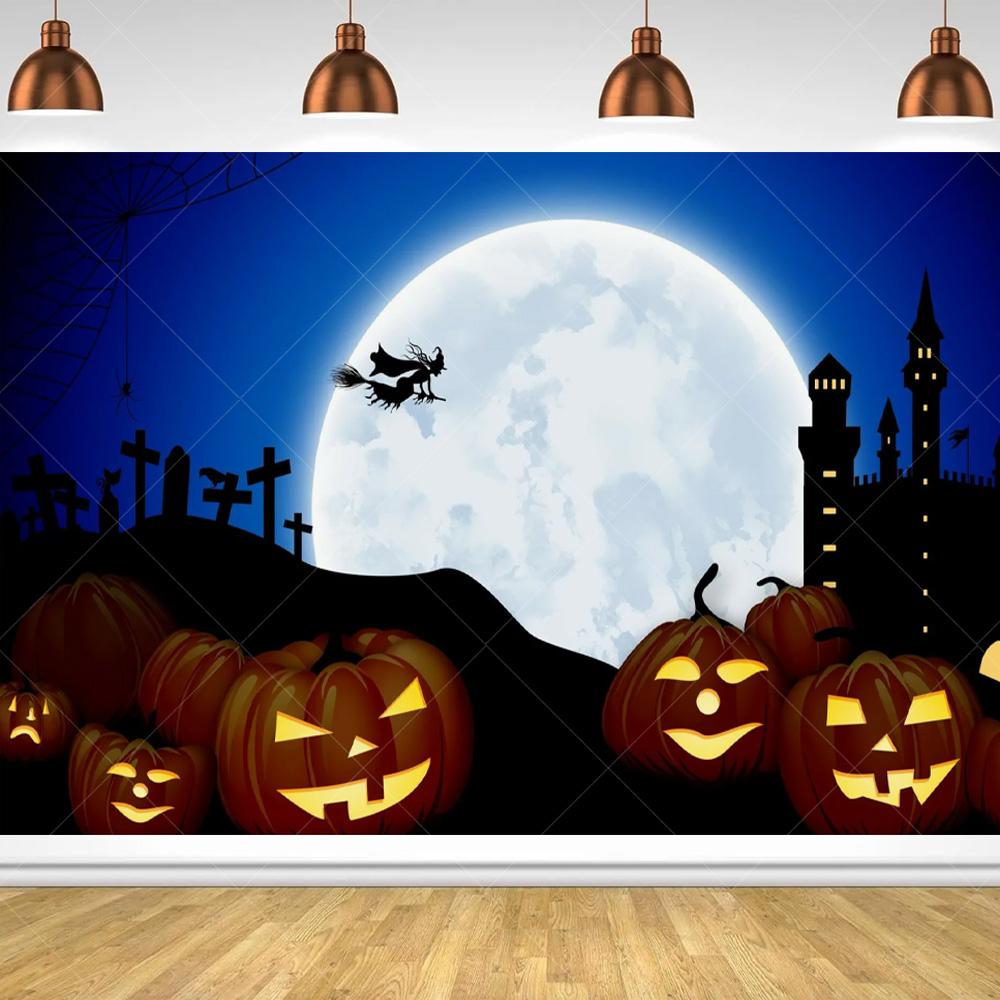 Halloween Horror Night Party Family Gathering Pumpkin Lantern Evil Witch Black Castle Cemetery Forest Background Cloth backdrop