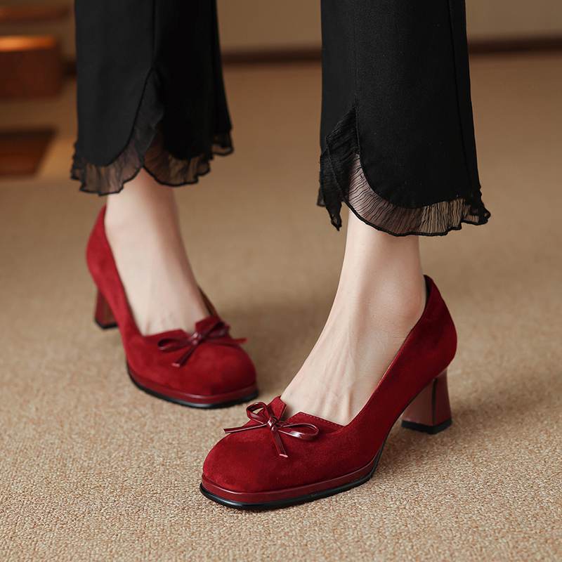 Krazing Pot Suede Round Toe Size 40 High Heels Slip On Platform Butterfly-knot Decoration Casual Autumn Shallow Pumps
