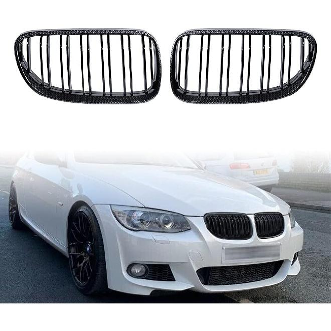 Left Right Glossy Black Carbon Fiber Dual Slats Kidney Grille Grill Compatible with 2011-2013 BMW E92 E93 325i 328i 335i 2-Door LCI, For E92 E93