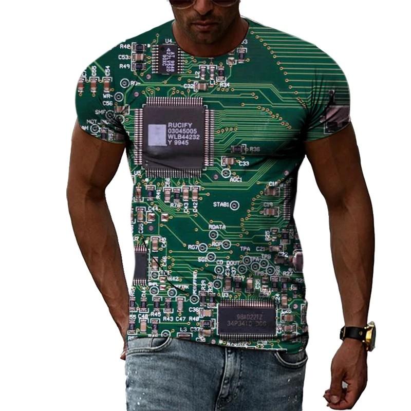 Summer Round Neck 3D Circuit Board Print T-shirts Fashionable Casual Short Sleeved Men's T-shirts