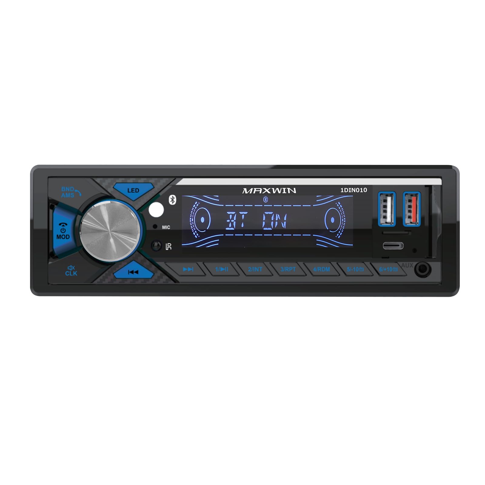 

Модель автомобильного аудио-медиаплеера MAXWIN 1DIN с различными функциями на передней панели, Bluetooth, автомобильный AUX, USB, microSD, радио-тюнер, FM, AM, светодиод RCA 12 В, совместимый