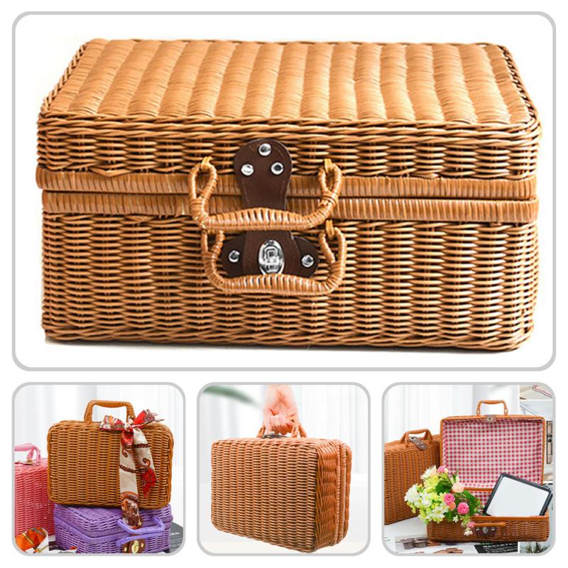 Retro Handwoven Storage Box Travel Picnic Suitcase Imitation Rattan Woven Storage Home Sundries Organizer Basket Decorative Prop