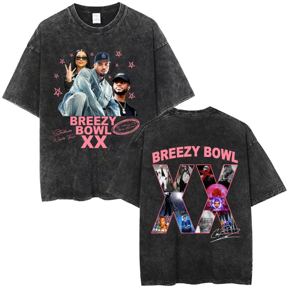Rapper Chris Brown Breezy Bowl XX Tour  Vintage Washed Tshirts Men Women Hip Hop Fashion T Shirts Male Cotton Retro Tshirt