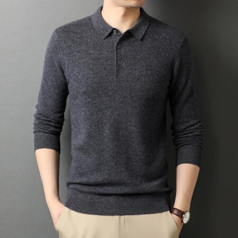 Pure Wool Autumn Sweater Men's Lapel Long Sleeve Thin Cashmere Sweater Men's Trend Base
