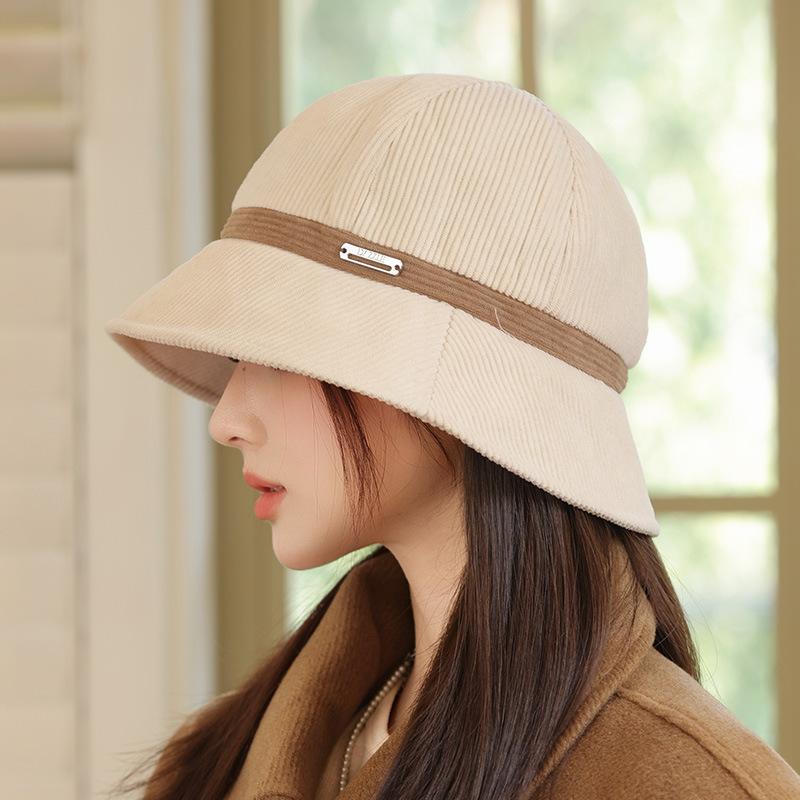 Autumn hat women's large brim showing face bucket hat high-end corduroy bucket hat versatile basin hat