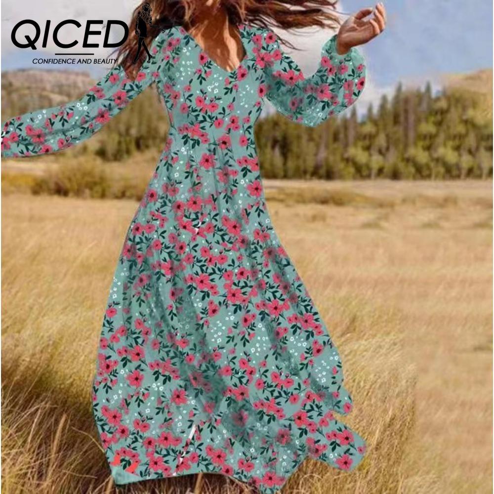 

QICED Женское мини-платье макси с оборками и цветочным принтом, повседневные платья с длинным рукавом и V-образным вырезом XXXXXL разноцветный
