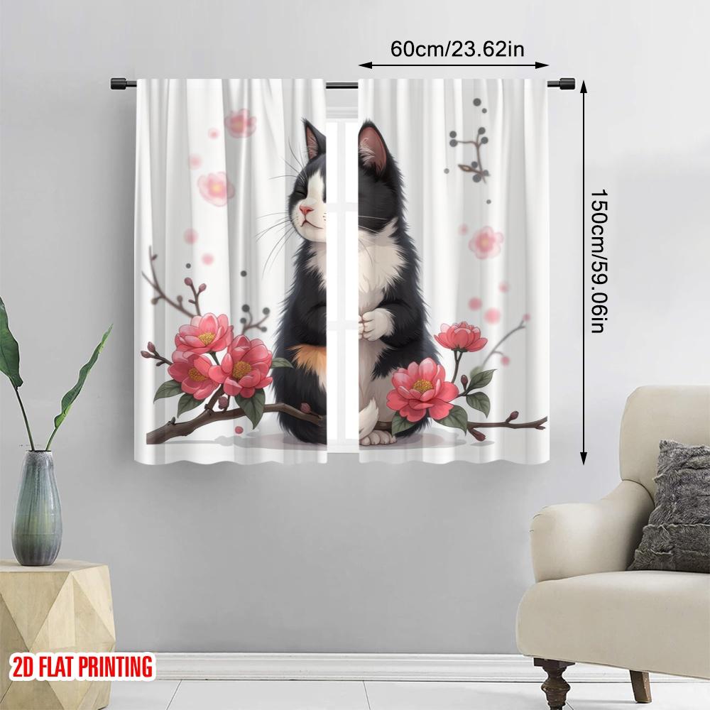 2pcs,2D Plane Printing Contemporary Curtains Zen Cat Blossom Polyester Easy Install (without Rod) Versatile All Perfect for