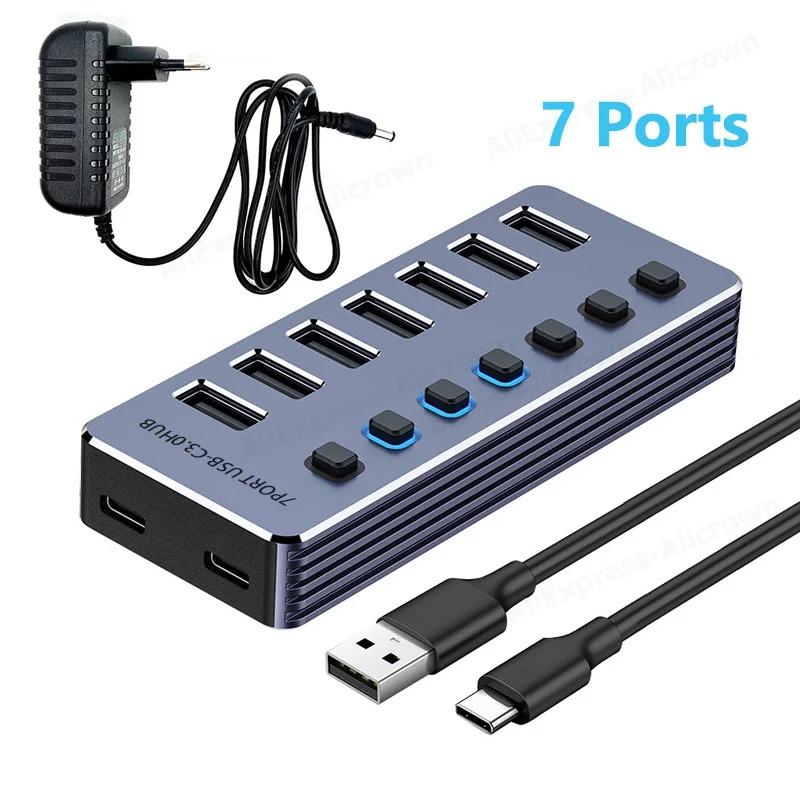

7/10-портовый USB-хаб USB 3.0 док-станция с независимым переключателем, адаптер питания 12 В, светодиодный индикатор для настольного ПК, ноутбука, расширитель USB-портов 7 Port EU Plug
