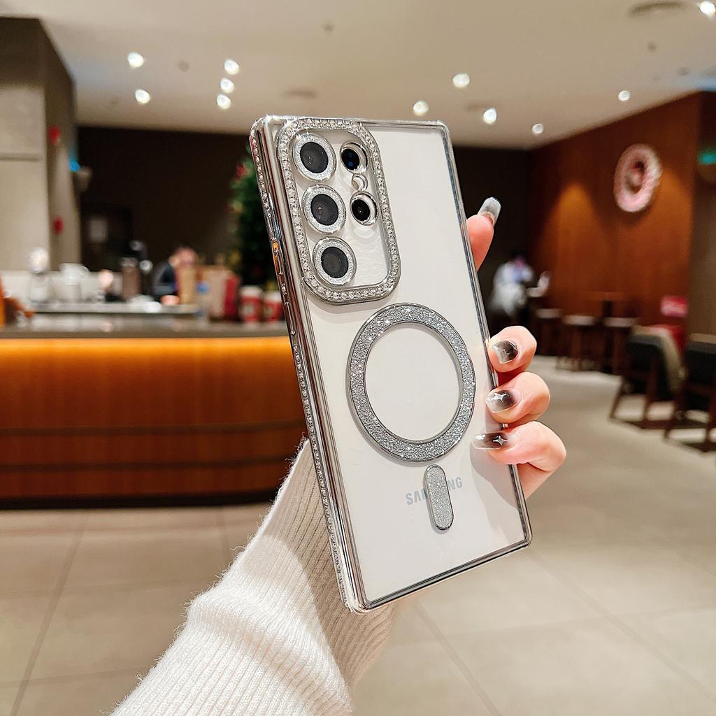 Suitable for Samsung S24Uitra Transparent Magnetic Suction Mobile Phone Case Electroplated TPU Rhinestone S25PLUS Full Inclusive Soft Protection Case