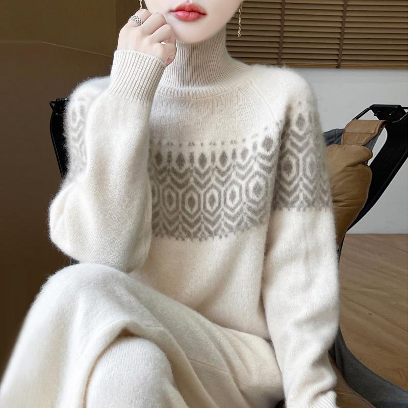 Women's Sweater Autumn and Winter 100% Merino Wool Sweater Casual Loose High Collar Pullover Fashion Korean Jacquard Women's Top