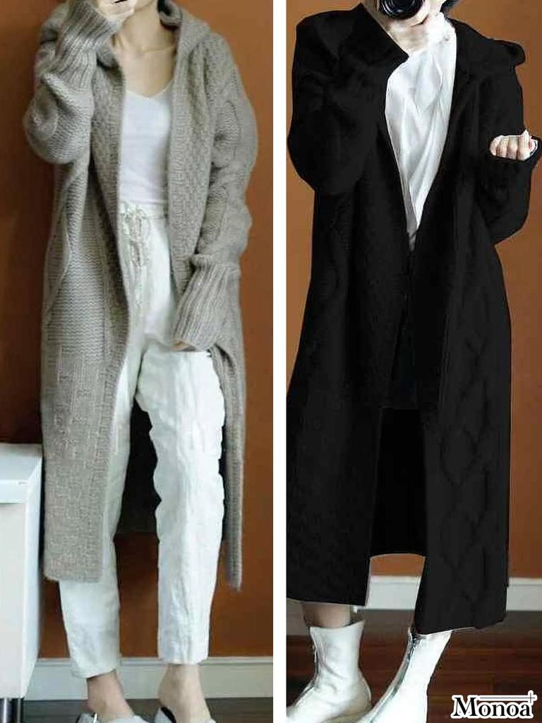 Monoa Hooded Long Size F Women's Cardigan, Sleeve, Low-Gauge Knit, Buttonless, Beige, n1587,