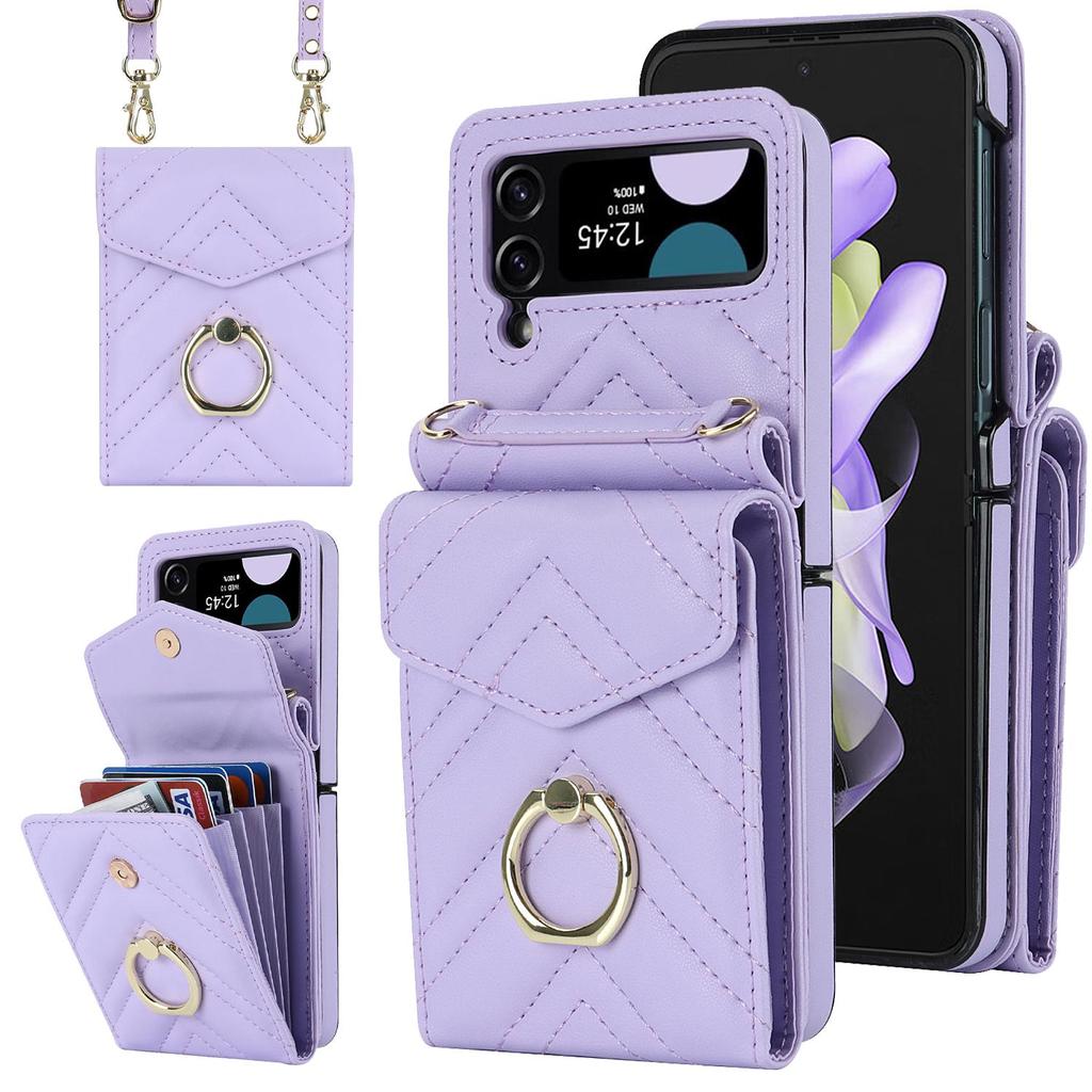 Fashion Leather Phone Case For Samsung Galaxy Z Flip 5 4 Z Flip 3 5G With Long Lanyard Crossbody Bag Wallet Holder Protect Cover