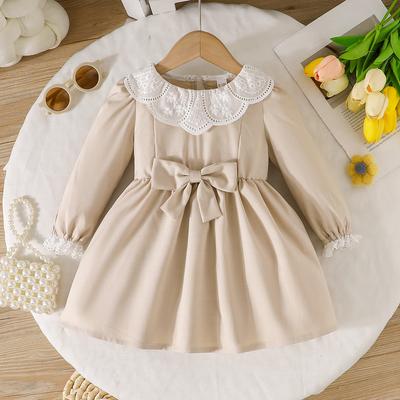 Children's Dress Beige Doll Collar Lace Patchwork Bow Waist Long Sleeve Princess Dress