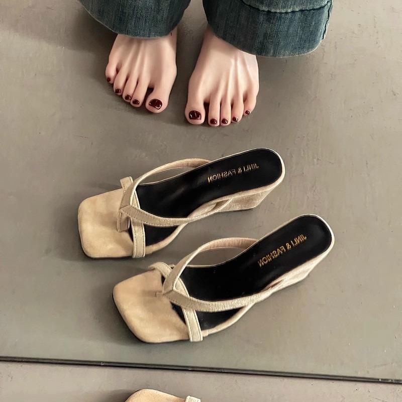 Wedge Heels Women's Shoes, Flip-flops Retro One-strap High-heeled Slippers