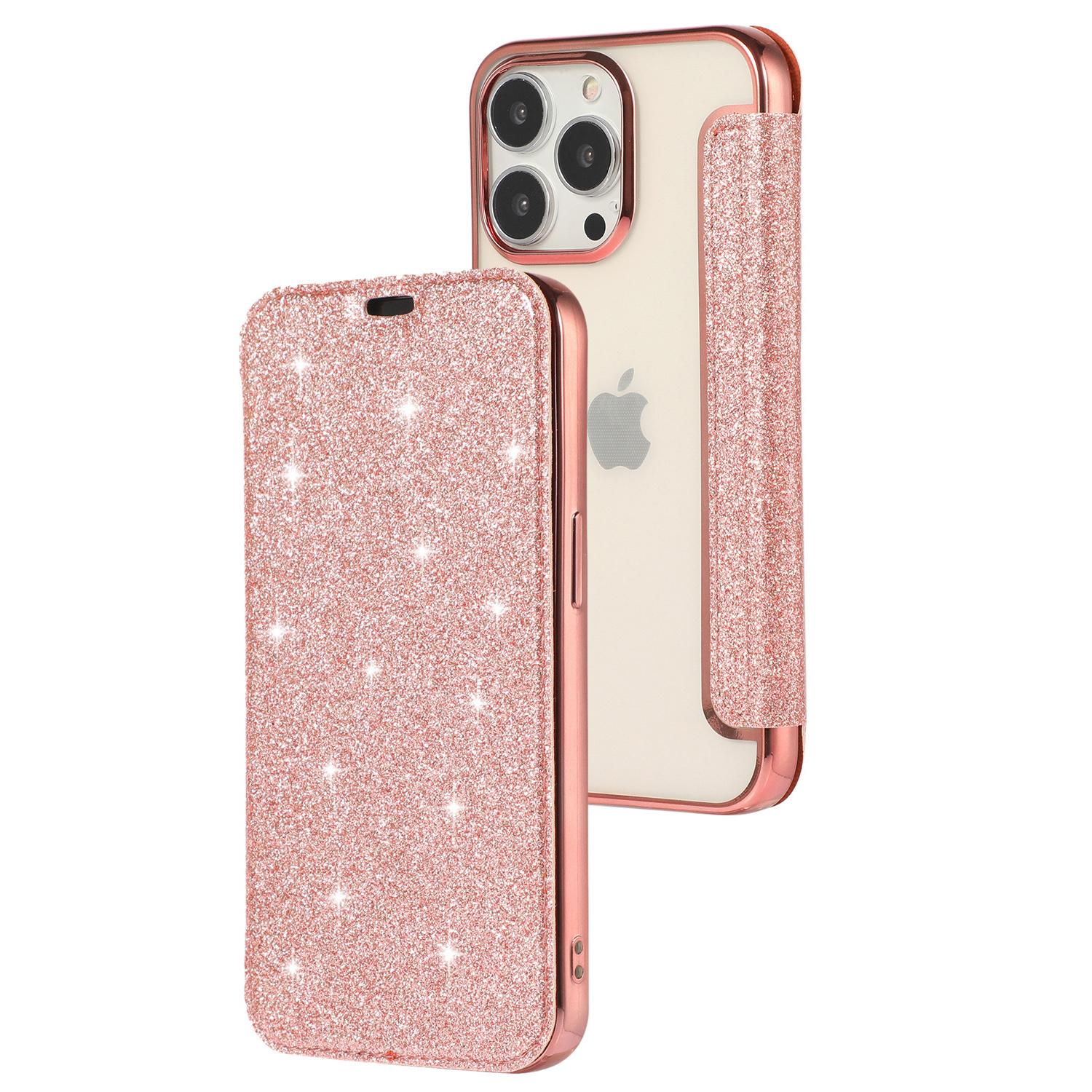 

Card Holder Stand Case for iPhone 15,Glitter Powder PU Leather+TPU Transparent Phone Cover Rose Gold