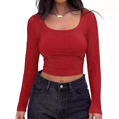 Nova camiseta feminina europeia e americana de 2024, com nervuras, manga comprida, gola quadrada