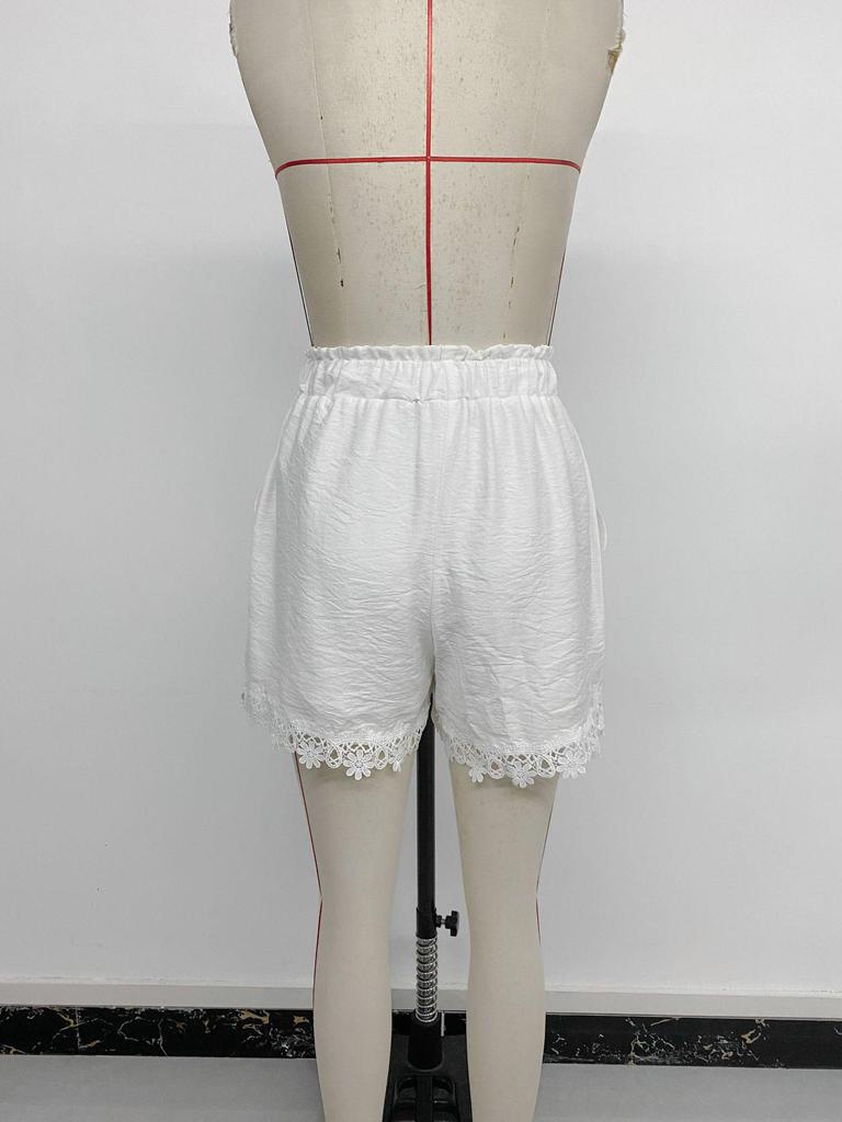 2026 Resort Style White Lace Patchwork Drawstring Shorts