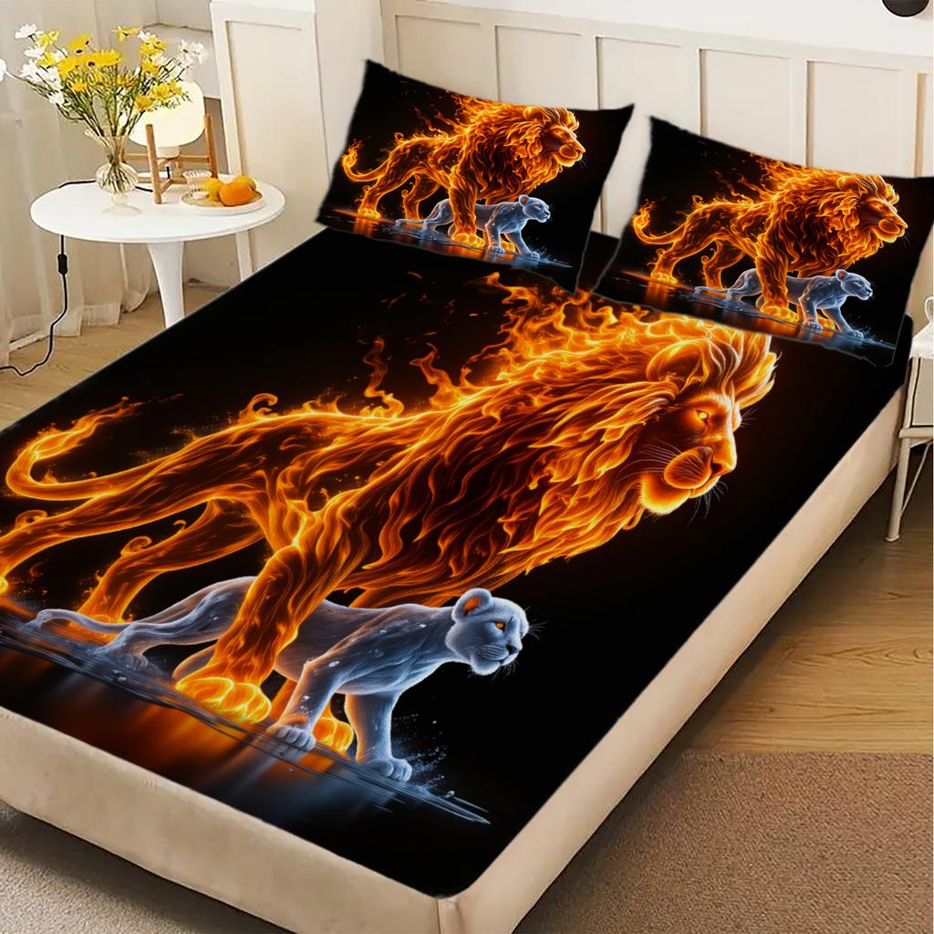 3pcs Lion And Panther Flat Sheet Sets 3D Printed Fire Animal Fitted Sheet Sets With Pillowcases No Filling For Teen Boys