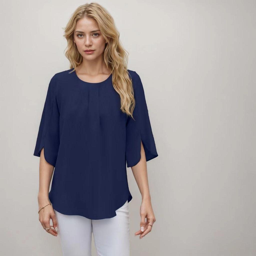 Blouse ample en mousseline de couleur unie à col rond et manches cinq points pour femme, style européen et américain