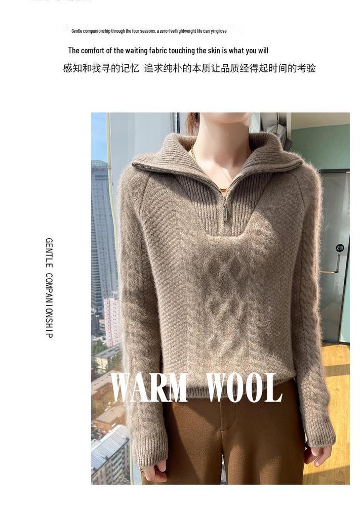 Women's Heavyweight Three-Ply Wool Half-Zip Sweater - Fashionable & Versatile for Autumn/Winter.