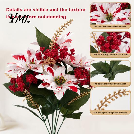 Artificial Dieffenbachia Plants Poinsettia Flowers, Christmas Fake Floral Berry Centerpiece, Fade-Resistant Life Like Indoor Greenery Red And